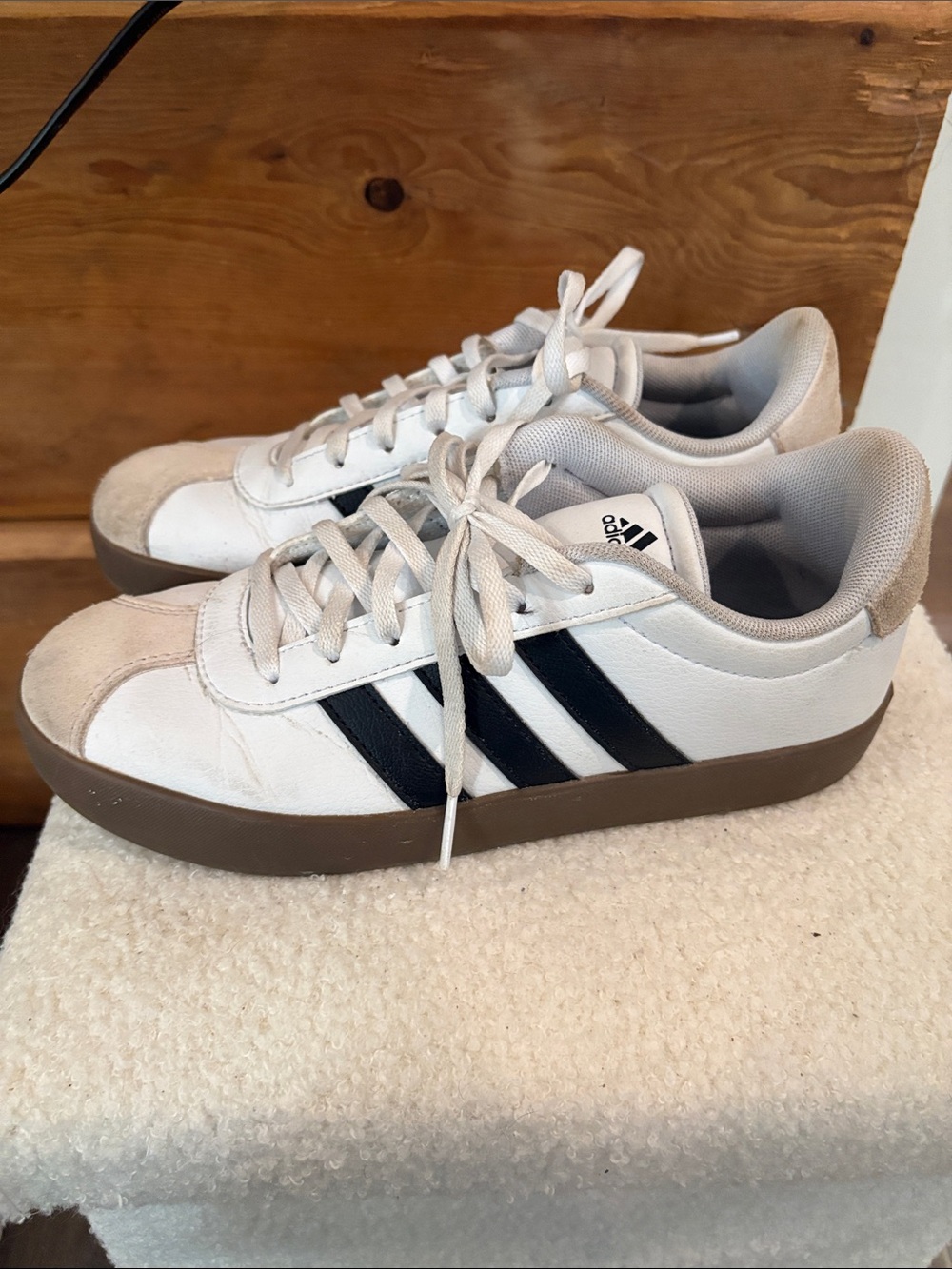 adidas Court Sneakers with Black Stripes and Brown Sole